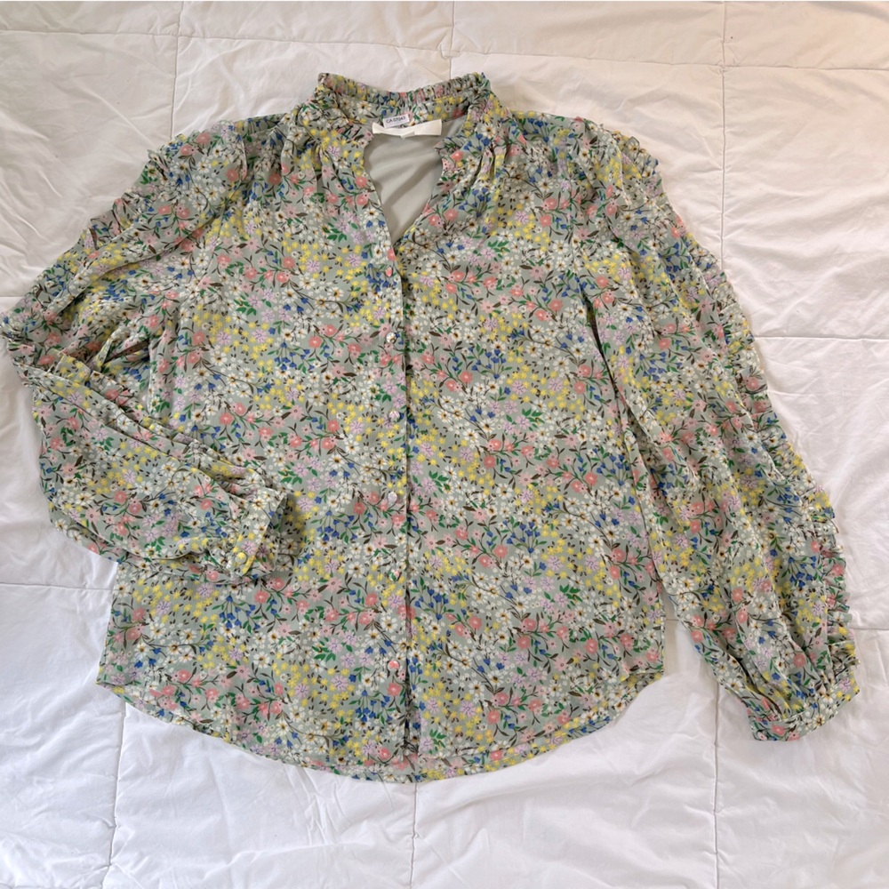 Adyson Parker | Ruffled Green Floral Long Sleeved Blouse, XS